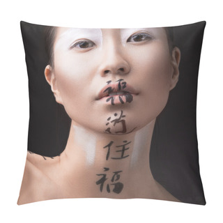 Personality  Beautiful Asian Girl With White Skin, Red Lips And Hieroglyphics On Her Face. Art Beauty Image.  Pillow Covers