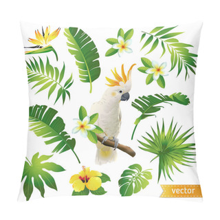 Personality  Set With Tropical Leaves, Flowers And Birds. Vector Illustration. Pillow Covers