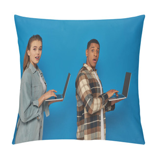 Personality  Amazed  Interracial Freelancers Using Laptops On Blue Backdrop, Diverse Cultures Man And Woman Pillow Covers