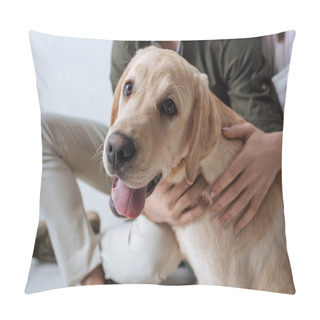 Personality  Cropped View Of Couple Petting Golden Retriever On Floor On Grey Background Pillow Covers