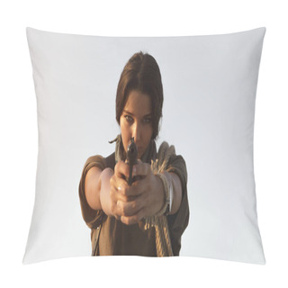 Personality  Woman Standing With A Gun Outdoors In Desert Pillow Covers