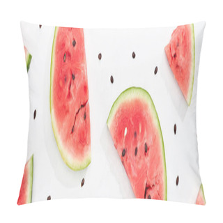 Personality  Panoramic Shot Of Fresh Tasty Watermelon Slices On White Background Pillow Covers