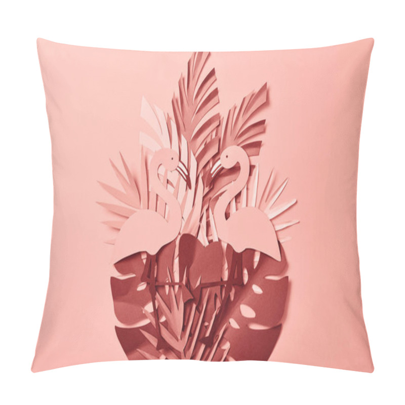 Personality  top view of pink exotic paper cut palm leaves and flamingos on pink background pillow covers