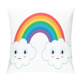 Personality  Eps Vector Illustration With Wonderful Colored Rainbow With White Clouds With Nice Smiling Faces At The Ends Pillow Covers