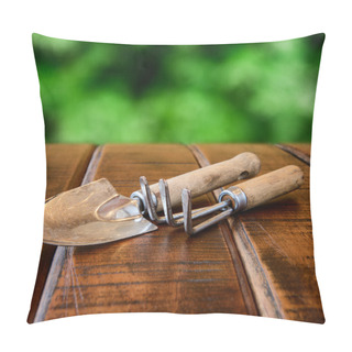 Personality  Gardening Tools, Rake And Scoop On Wooden Table Desk Pillow Covers