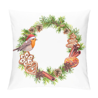 Personality  Robin Bird In Red Holiday Hat, Ginger Cookies, Cinamon, Orange. Christmas Wreath With Fir Tree Branches, Cones. New Year Watercolor Pillow Covers