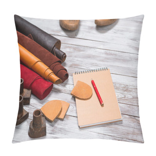 Personality  Brightly Colored Leather In Rolls, Working Tools, Shoe Lasts, Notebook With Pencil On White Background. Leather Craft. Pillow Covers