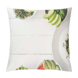 Personality  Top View Of Fresh Vegetables And Fruits With Microgreen In Bowls On White Wooden Surface Pillow Covers