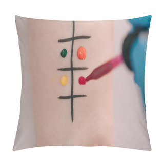 Personality  Top View Of Doctor Holding Pipette With Liquid Near Marked Hand Of Woman   Pillow Covers