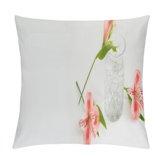 Personality  Pink Peruvian Lilies And Glass With Pure Water On White Surface With Copy Space, Banner Pillow Covers