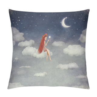 Personality  Image Of A Young Woman On Cloud,  Lit  Star  In Night Sky Pillow Covers