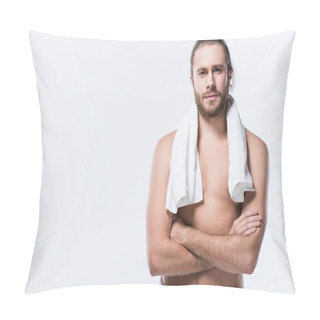 Personality  Cheerful Caucasian Man With Bath Towel Around His Neck Looking At Camera With Arms Crossed, Isolated On White Pillow Covers
