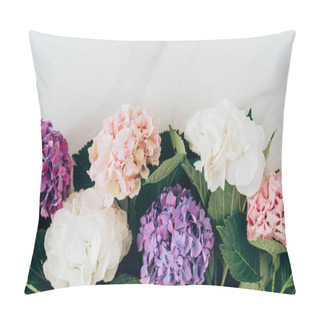 Personality  Top View Of Background With Colorful Hydrangea Flowers On Marble Surface  Pillow Covers