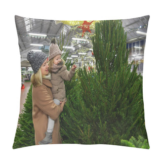 Personality  Mother And Daughter Choose A Christmas Tree In A Shop Pillow Covers
