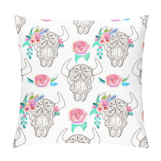 Personality  Doodle Bull Skull With Watercolor Flowers And Feathers, Seamless Pillow Covers