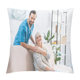 Personality  Happy Senior Woman And Young Social Worker Smiling At Camera Together Pillow Covers
