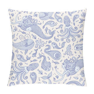Personality  Vector Seamless Nautical Fairy Tale Pattern. Fantasy Mermaid, Octopus, Fish, Sea Animals Blue Silhouette With Ornaments On A Beige Background. Batik, Wallpaper, Textile Print, Wrapping Paper Pillow Covers