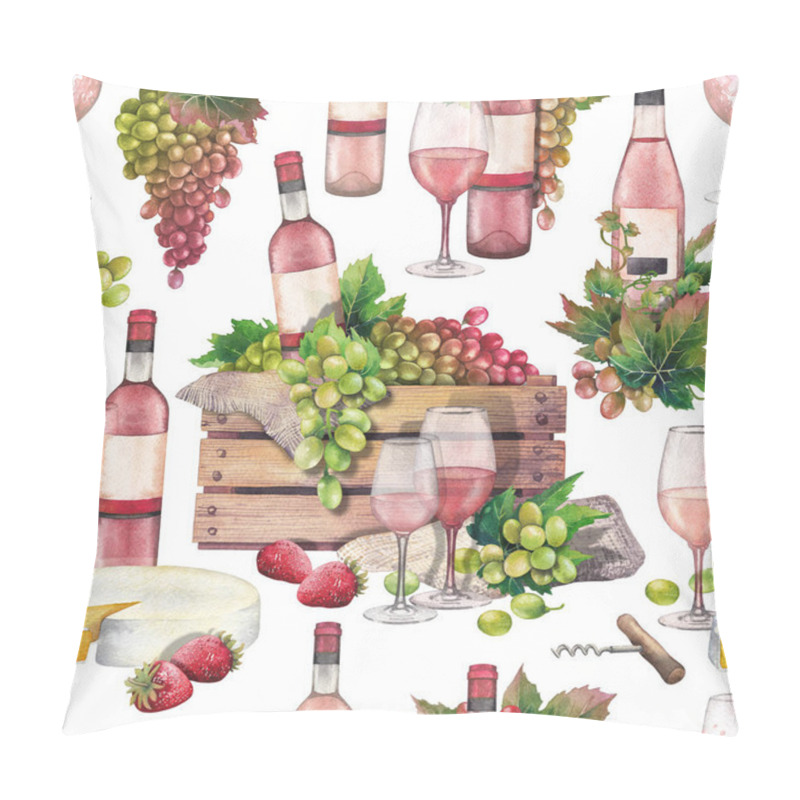 Personality  Watercolor box with bottle and grapes, wine glasses, cheese and srtrawberries pillow covers