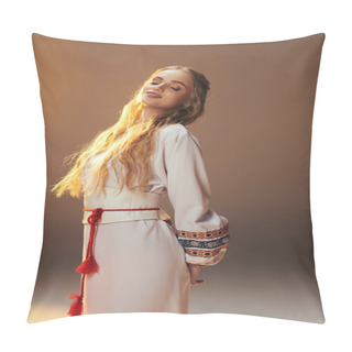 Personality  A Mesmerizing Young Woman Adorned In A White Dress With Intricate Red Tassels, Exuding Fairy And Fantasy Vibes In A Studio Setting. Pillow Covers