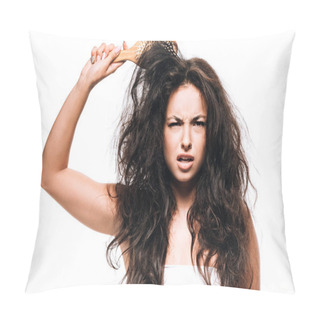 Personality  Confused Brunette Woman Styling Unruly Curly Hair With Hairbrush Isolated On White Pillow Covers