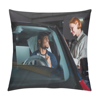 Personality  Smiling African American Foreman With Laptop Making Diagnostics Of Car Near Pleased Client Pillow Covers
