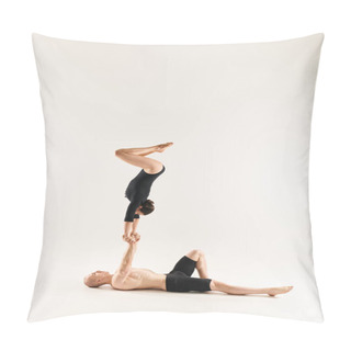 Personality  A Young Shirtless Man And A Woman Perform A Handstand, Showcasing Their Acrobatic Skills In A Studio Setting On A White Background. Pillow Covers
