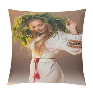 Personality  A Young Woman Adorned In A White Dress, With An Intricate Wreath On Her Head, Exuding An Ethereal And Fairy-like Presence In A Studio Setting. Pillow Covers