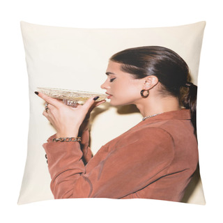 Personality  Side View Of Brunette Woman In Brown Blazer Drinking Champagne From Glass On White Pillow Covers