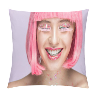 Personality  Smiling Attractive Woman With Pink Hair, Glittering Makeup And Long Eyelashes Isolated On Violet Pillow Covers