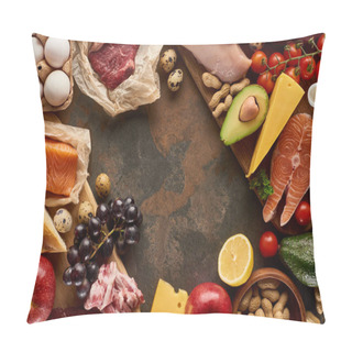 Personality  Top View Of Wooden Cutting Board With Raw Fish, Meat, Poultry, Cheese, Fruits, Vegetables, Olive Oil, Eggs, Baguette And Peanuts On Dark Brown Marble Surface With Copy Space Pillow Covers