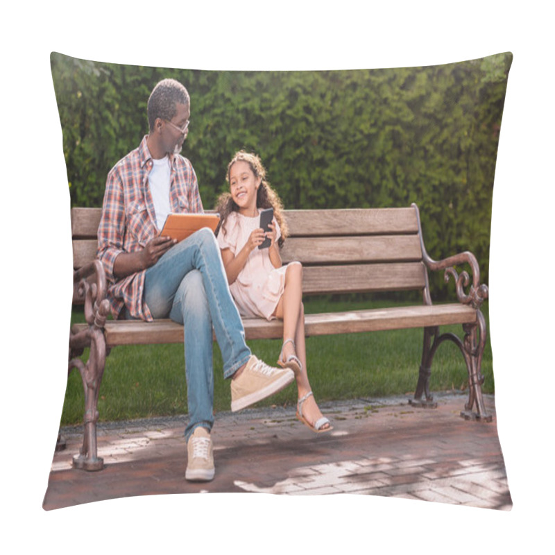 Personality  girl and grandfather using digital devices pillow covers