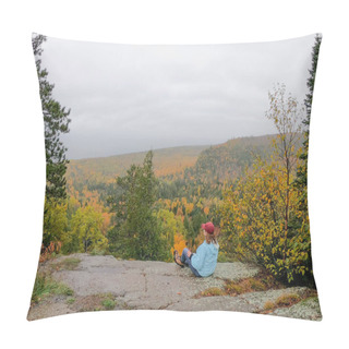 Personality  Woman Looking Out At Beautiful Fall Colors From Top Of Oberg Mountain In Minnesota Pillow Covers
