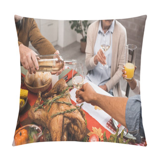 Personality  Cropped View Of Senior Man Pouring White Wine During Thanksgiving Dinner With Multicultural Family Pillow Covers