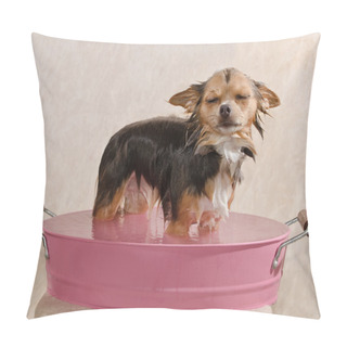 Personality  Chihuahua Puppy Taking A Bath Standing In Pink Bathtub Pillow Covers