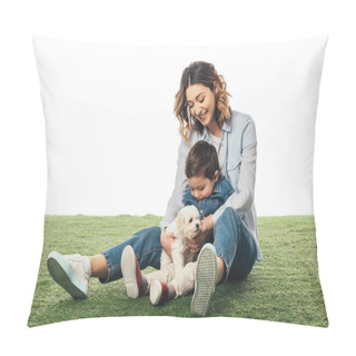Personality  Smiling Mother And Son Looking At Havanese Puppy Isolated On White Pillow Covers