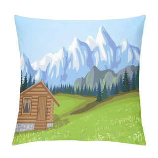 Personality  Mountain Landscape Vith Wooden House. Pillow Covers