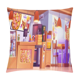 Personality  Pizza And Fast Food Restaurant Interior. Vector Cartoon Illustration Of Pizzeria With Tables And Chairs, Menu Board, Coffee Machine, Oven, Cash Register On Counter, Burgers On Shelf, Posters On Wall Pillow Covers