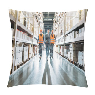 Personality  Workers And Inspector Going Along The Corridor In Storehouse Pillow Covers