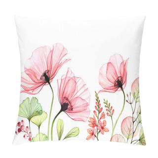 Personality  Watercolor Poppy Seamless Border. Horizontal Repetitive Pattern. Abstract Pink Flowers With Leaves And Fresia Branches On White. Botanical Illustration For Cards, Wedding Design Pillow Covers