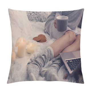 Personality  Cozy Evening , Warm Woolen Socks, Soft Blanket, Candles. Woman Relaxing At Home,drinking Cacao, Using Laptop. Comfy Lifestyle. Pillow Covers