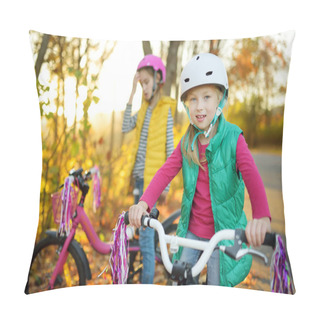 Personality  Cute Little Sisters Riding Bikes In A City Park On Sunny Autumn Day. Active Family Leisure With Kids. Children Wearing Safety Hemet While Riding A Bicycle. Pillow Covers