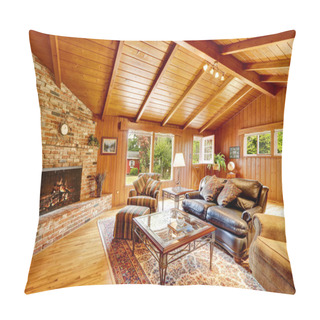 Personality  Luxury Log Cabin House Interior. Living Room With Fireplace And  Pillow Covers