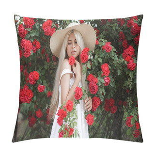 Personality  Perfume And Cosmetics. Woman In Front Of Blooming Roses Bush. Blossom Of Wild Roses.  Aroma Of Roses. Girl Adorable Blonde Sniffing Fragrance Of Pink Bloom. Young Beautiful Woman In A Hat, Near A Large Bush Of Red Roses In The Spring Garden Outdoors Pillow Covers