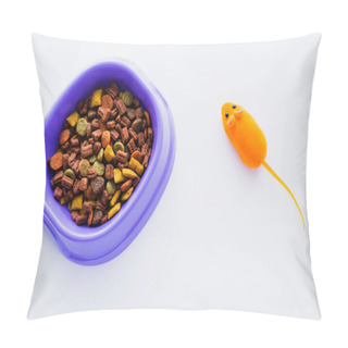 Personality  Top View Of Purple Plastic Bowl With Dry Cat Food Near Rubber Toy Mouse Isolated On White Pillow Covers