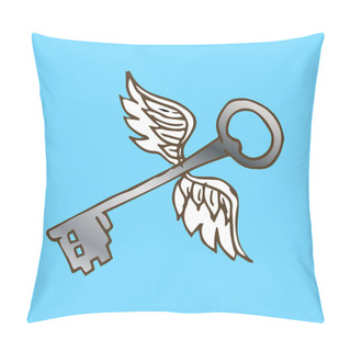 Personality  Illustration Of The Key With Wings. Golden Key With Flying Angel Wings. Vintage. Pillow Covers