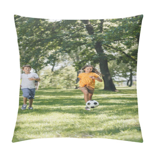 Personality  Cute Happy Kids Playing With Soccer Ball In Park  Pillow Covers