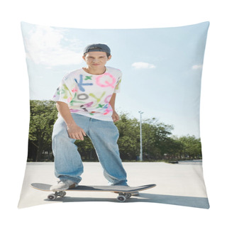 Personality  A Young Skater Boy Showing Off His Skills By Riding A Skateboard On Top Of Cement In A Skate Park On A Sunny Day. Pillow Covers