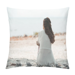 Personality  Rear View Of Woman Resting On Blanket Alone On Sandy Beach Pillow Covers