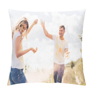 Personality  Attractive Woman And Handsome Man In T-shirts Throwing Colorful Powder Pillow Covers