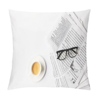 Personality  Top View Of Cup Of Coffee And Eyeglasses On Newspapers, On White Table Pillow Covers